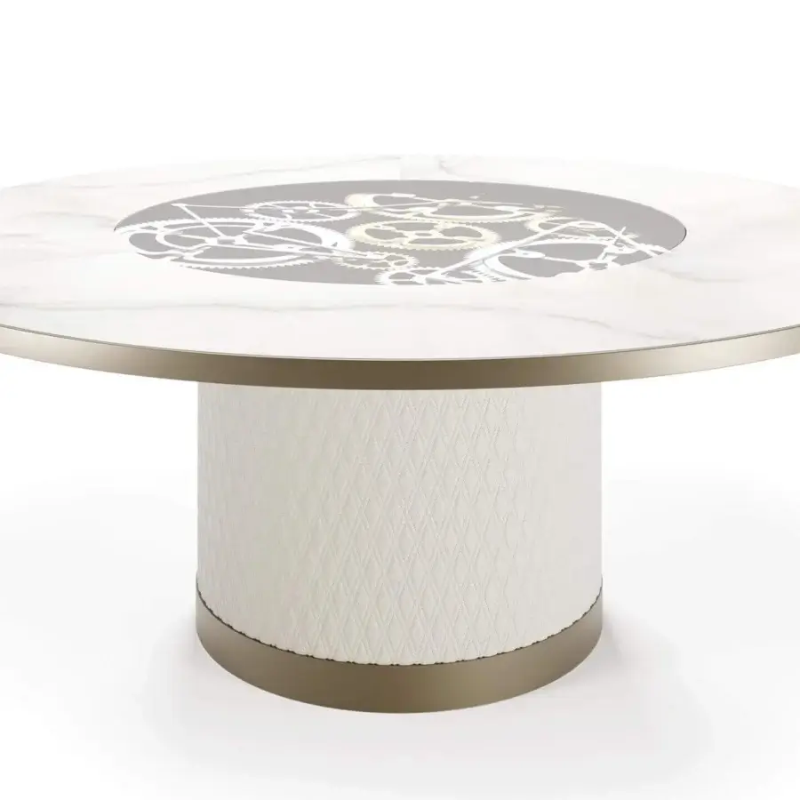 Refined Reflex Big Ben table with round wooden top, Marble Glass inserts, recessed Lazy Suzan built with gold and chrome gears, plus quilted leather base