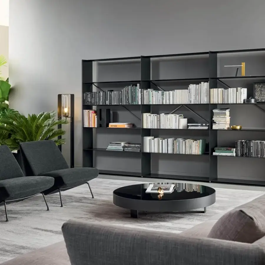 Superior Bonaldo Kaos bookcase with minimalist metal frame and open shelving in dark gray matte finish