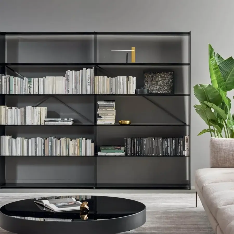 Elegant Bonaldo Kaos bookcase with pure lines and refined shelves supported by metal uprights in dark gray matte finish