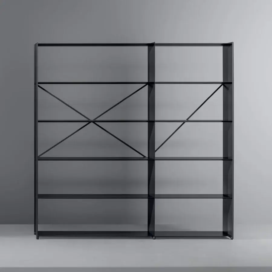Distinguished Bonaldo Kaos bookcase with minimalist shelves supported by metal uprights in matte dark gray finish