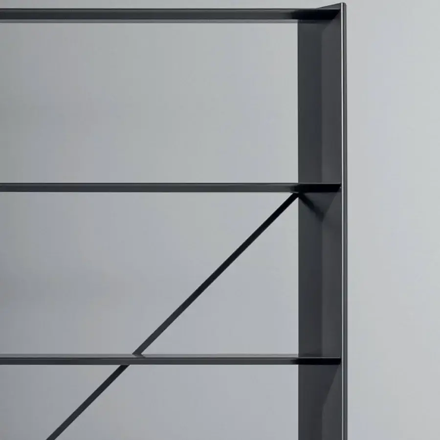 Superior Bonaldo Kaos bookcase with geometric silhouette and dark gray matte finish built with refined metal shelves