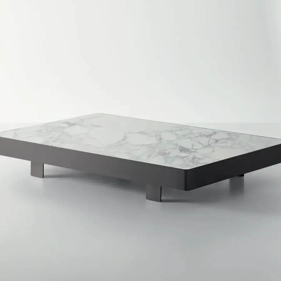 Elegant Bonaldo Jazz coffee table with rectangular ceramic top and dark grey metal frame exhibiting a swirling white pattern