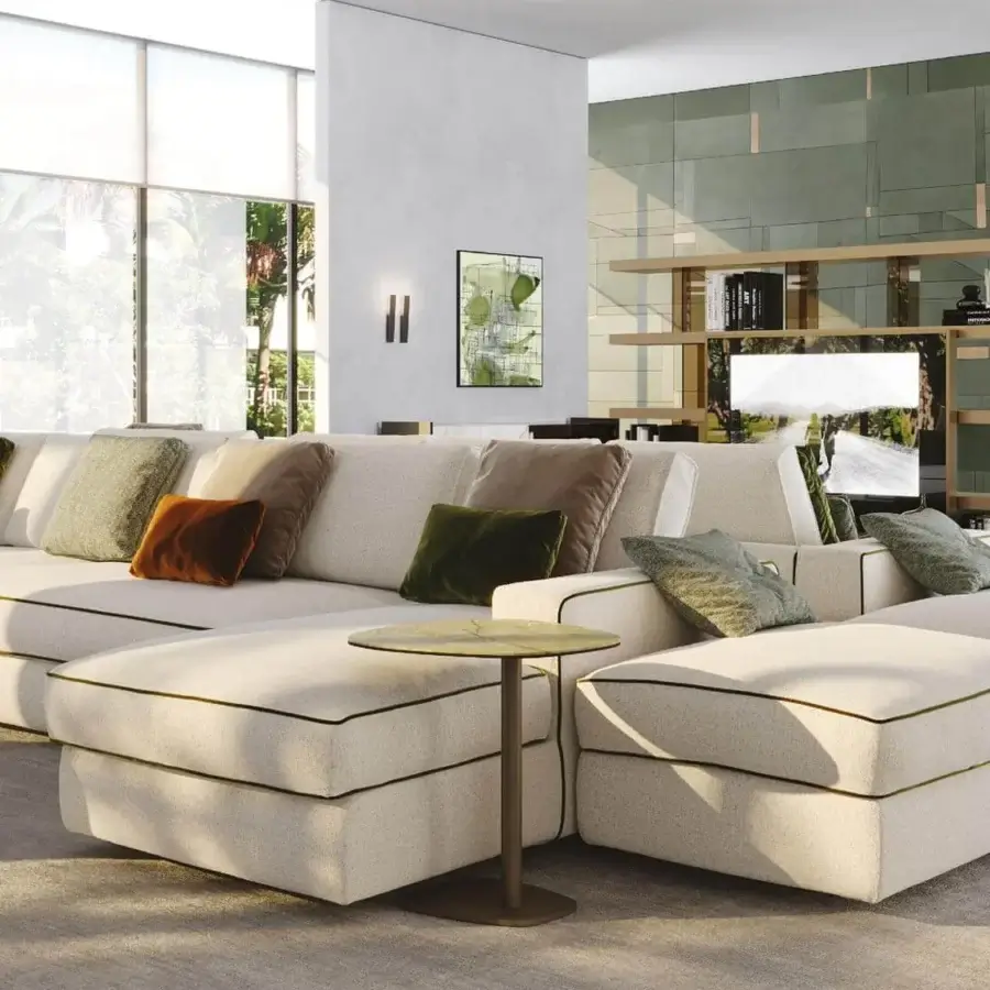 Distinguished Reflex Adone ottoman upholstered in smooth light beige textile with delicate green trim crafted in Italy