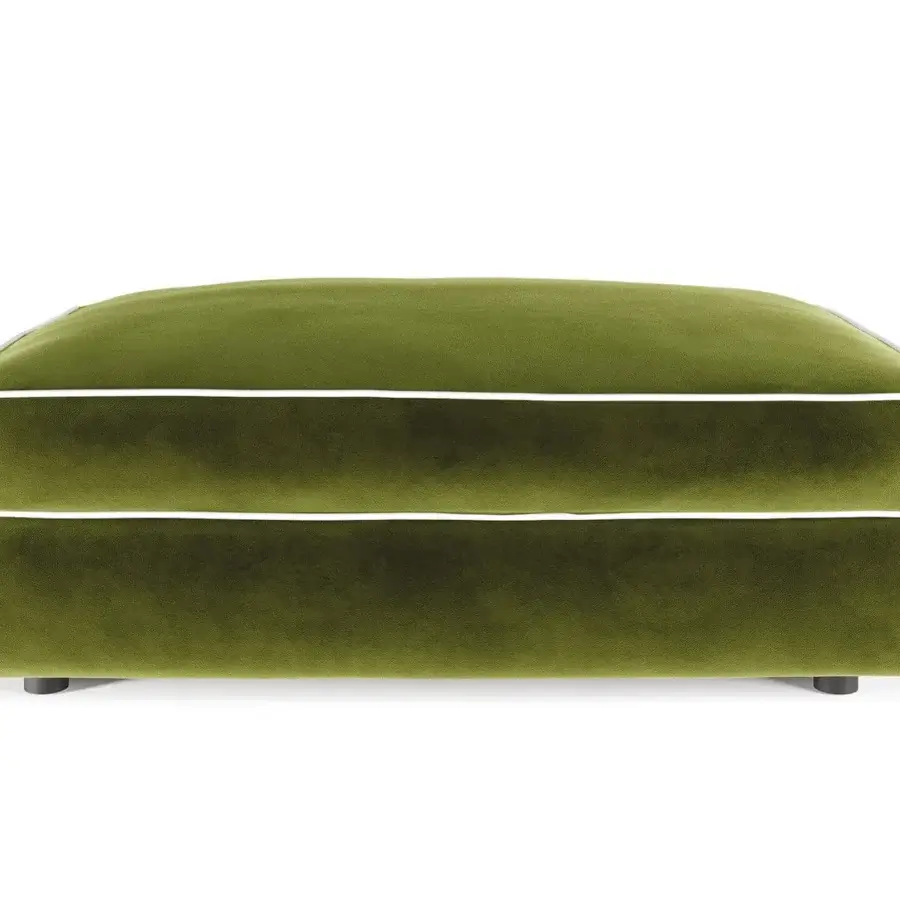 Superior Reflex Adone ottoman upholstered in dark olive green velvet with crisp white trim accentuating clean lines