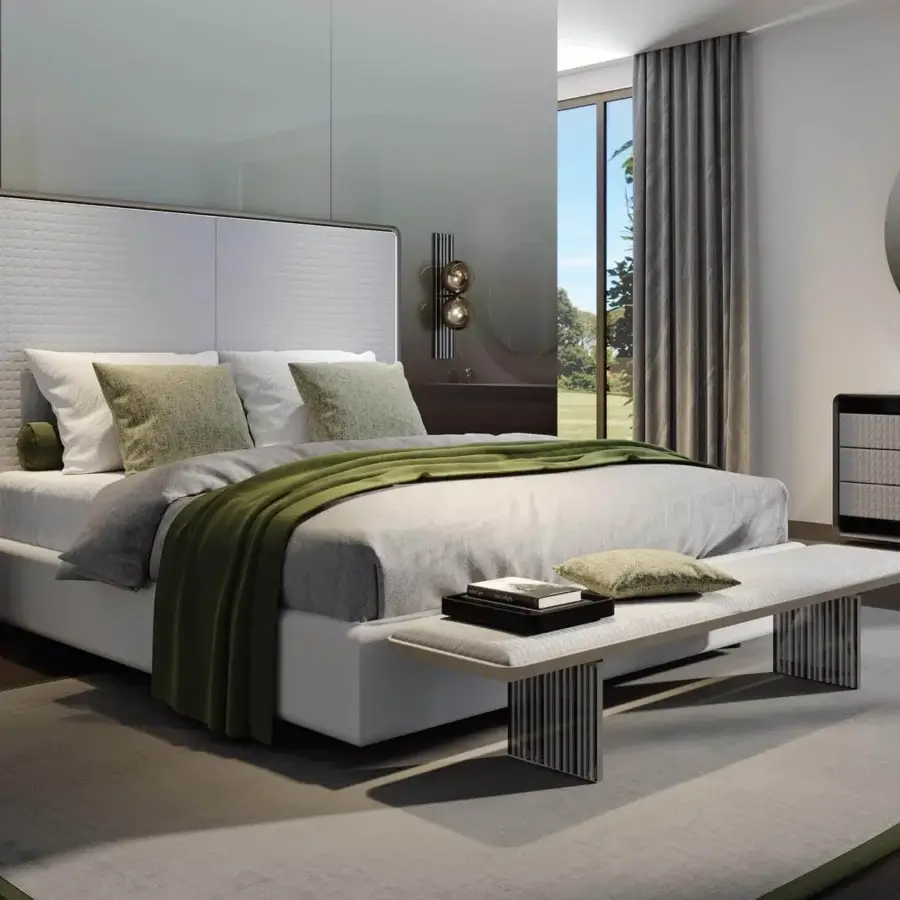 Exceptional Reflex Oh bed with dramatically high quilted headboard and light-colored metallic painted wooden frame with LED lighting
