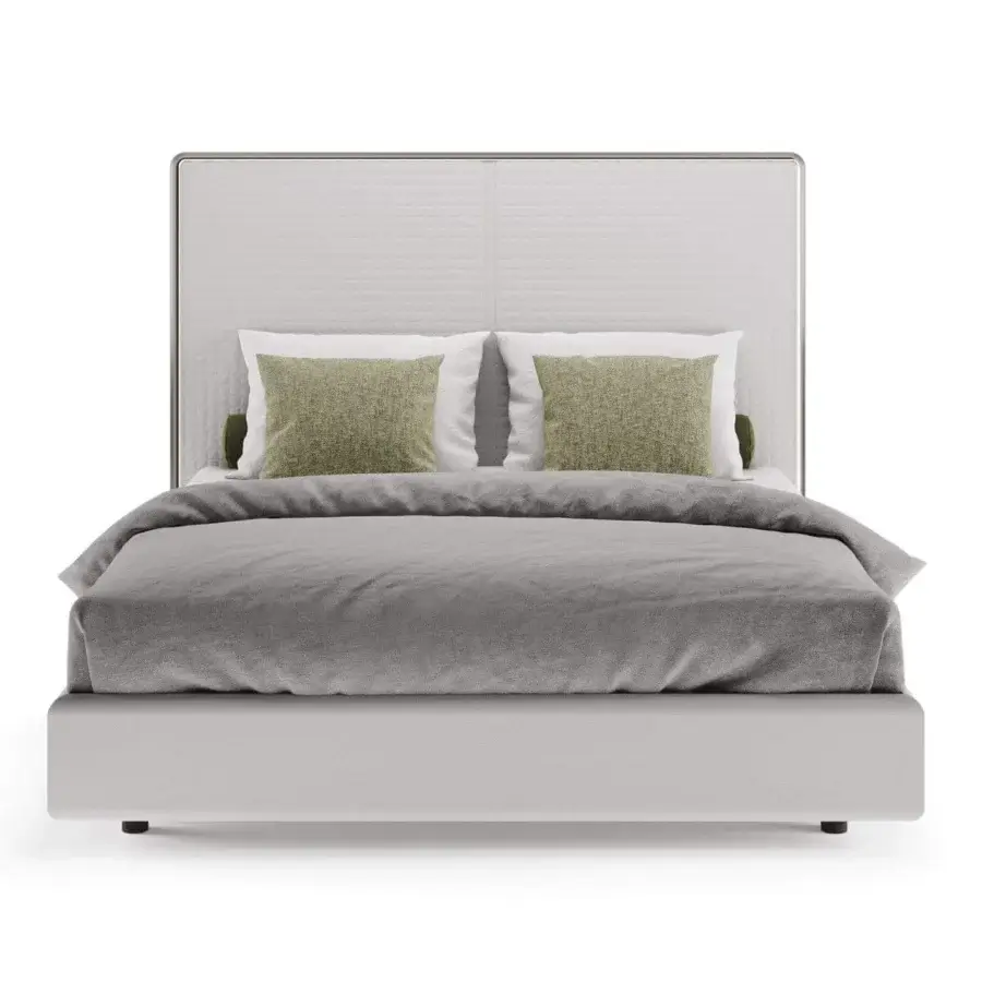 Elegant Reflex Oh bed with tall quilted headboard upholstered in light gray textile and metallic finished wood frame with LED lighting