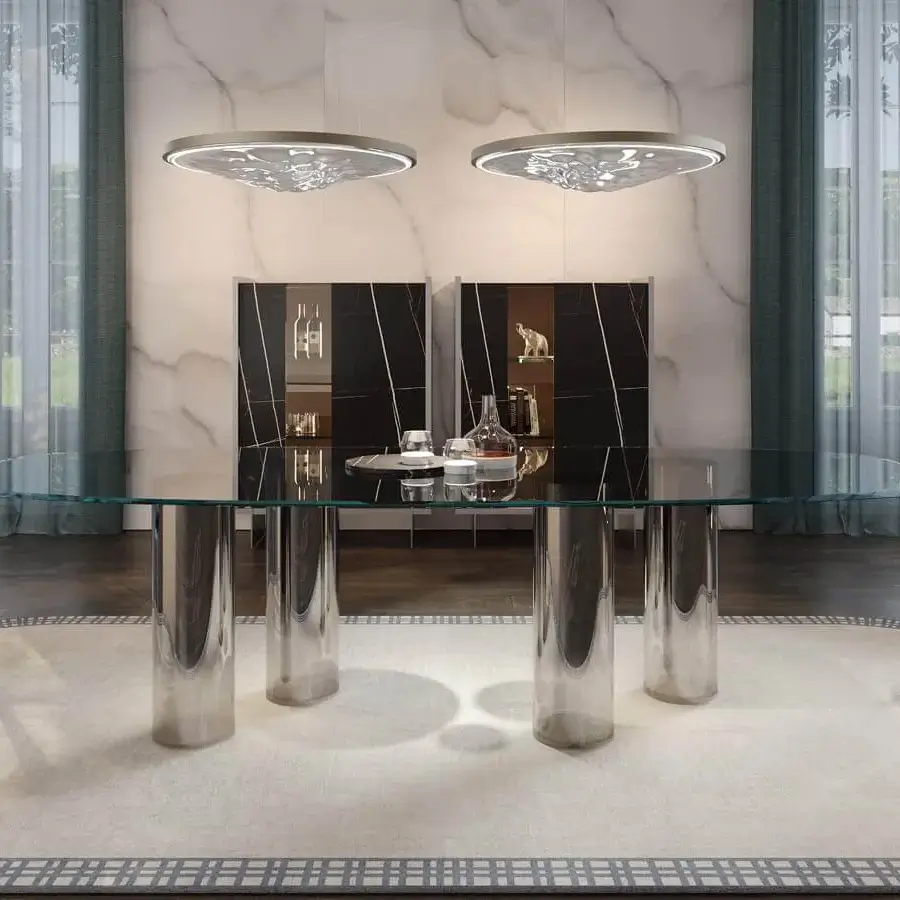 Distinguished Reflex Signore degli Anelli table with extra-clear glass top and Murano glass cylinders supporting a glossy finish
