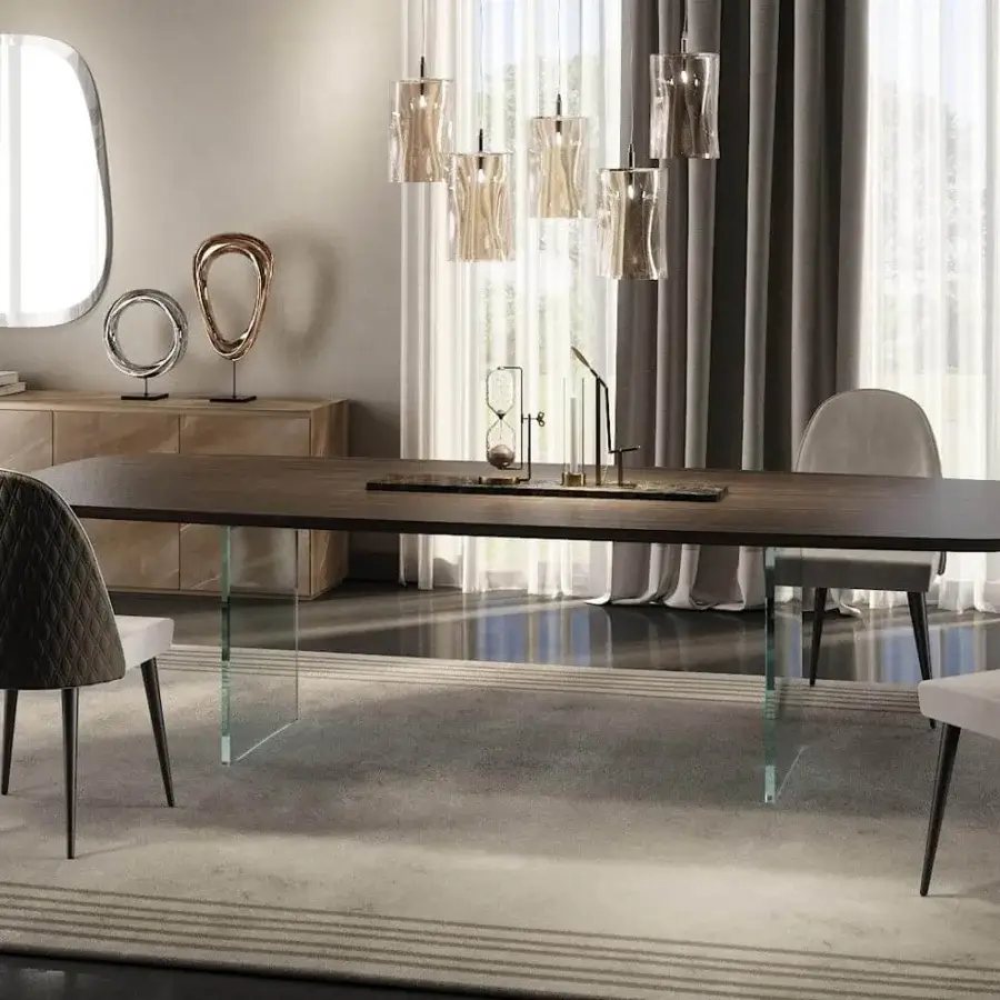 Elegant Reflex Monolite table with dark brown wood and substantial transparent glass legs