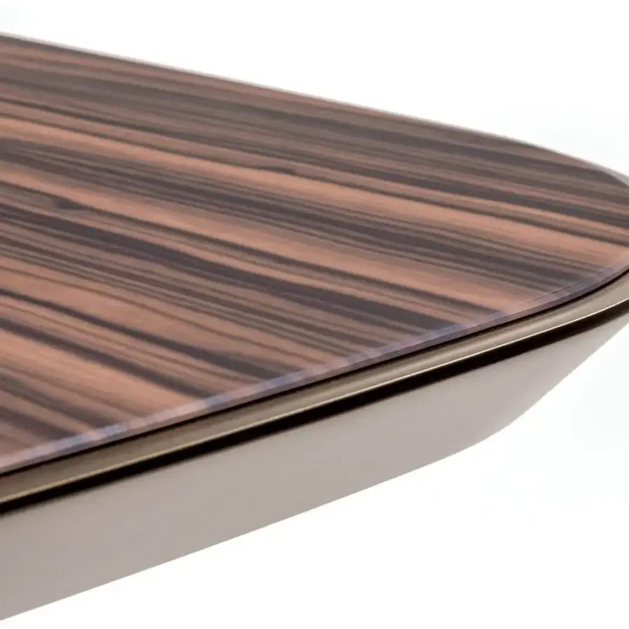 Exceptional Reflex Monolite table with bronze lacquered wood and a Wood Glass cover displaying a glossy wood grain pattern with glass legs