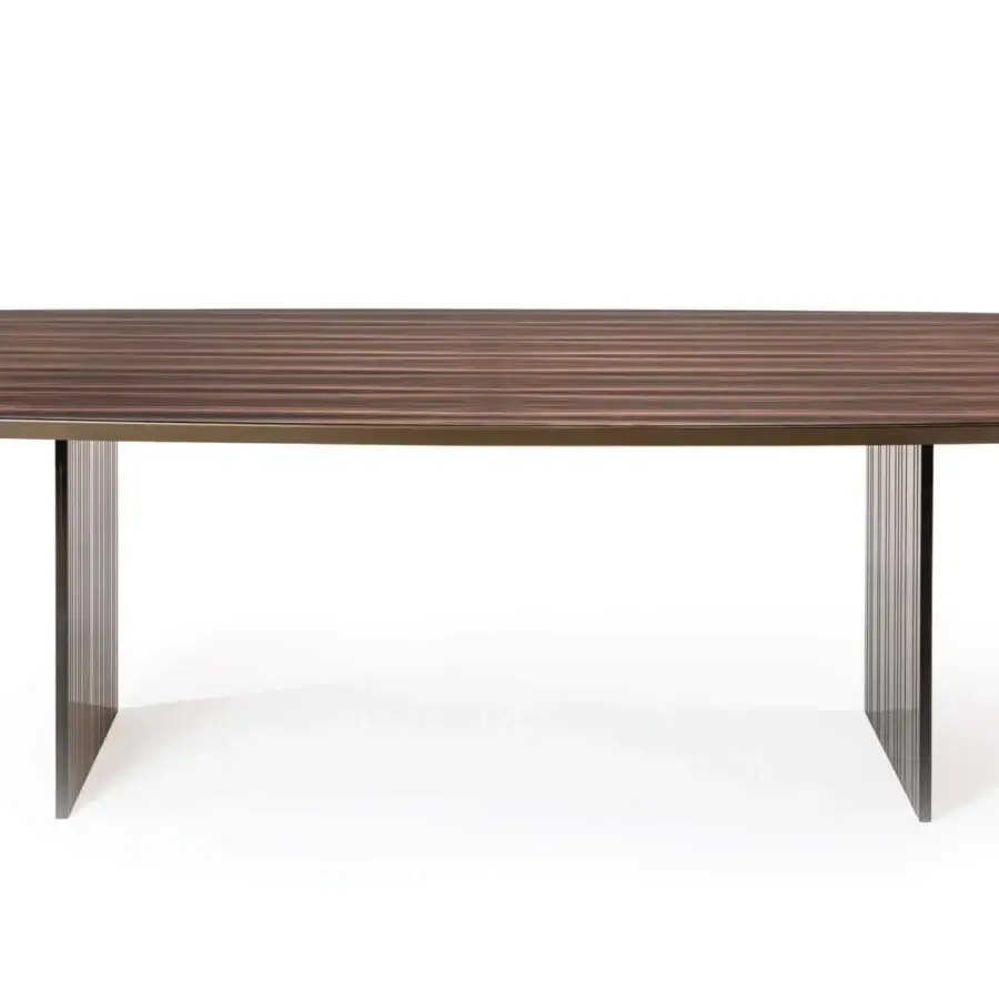 Captivating Reflex Monolite table crafted with a beveled solid wood top displaying striped dark and light brown tones with glass legs