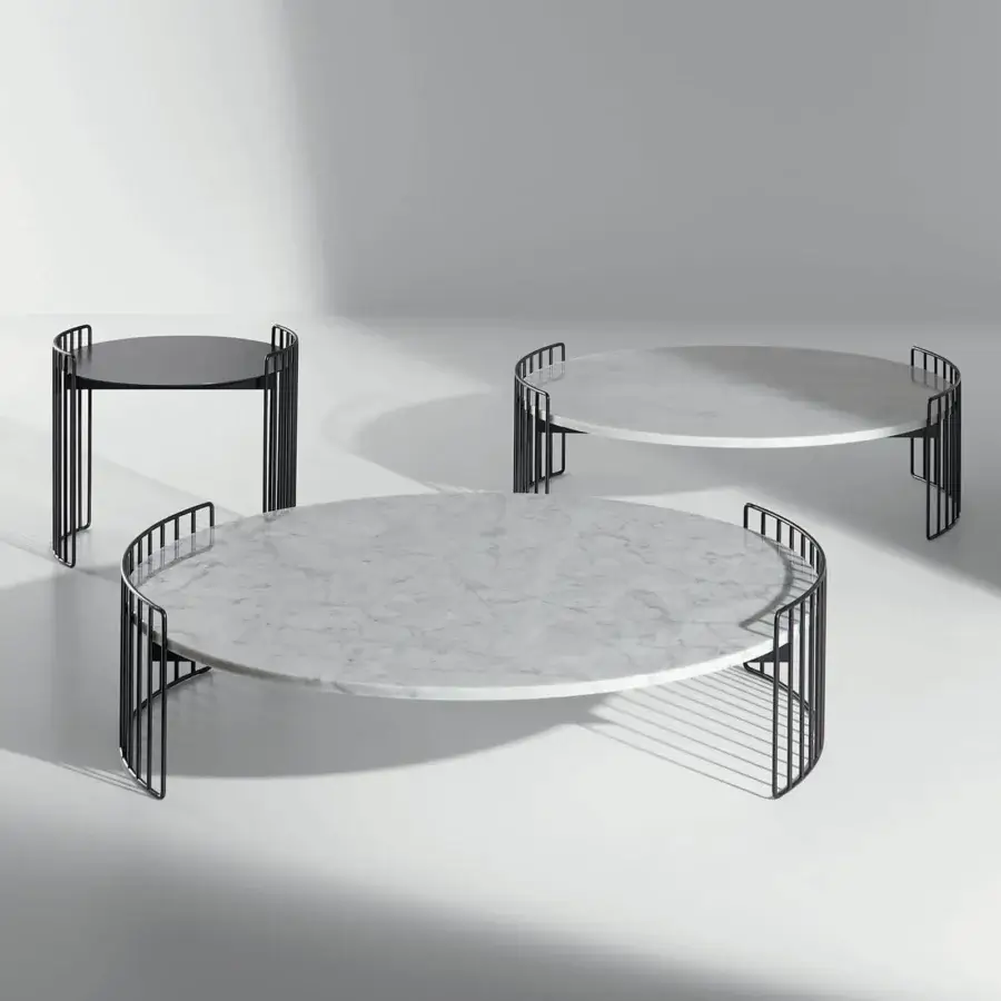 Distinguished Bonaldo Harpe coffee table with a black metal base and round marbled tabletop in white and gray shades
