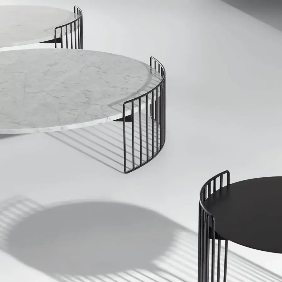 Exclusive Bonaldo Harpe coffee table with cool white marble top and encircling black metal base