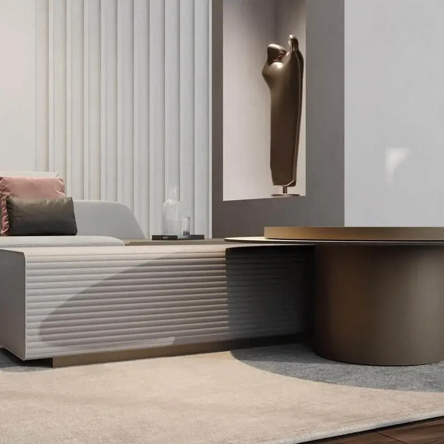 Exceptional Reflex Tau Steel Move coffee table with horizontally ribbed wood and cylindrical steel base