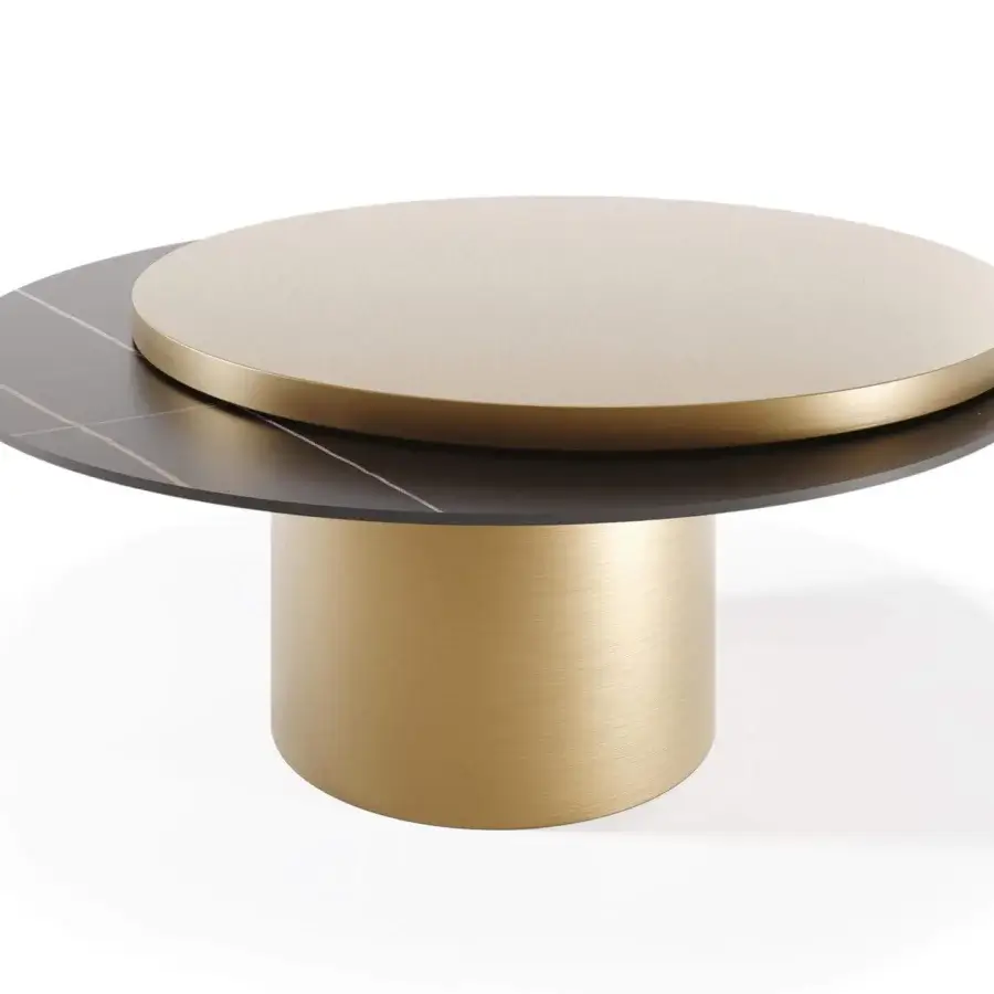 Distinguished Reflex Tau Steel Move coffee table with brushed gold metal and dark Marble Glass surfaces crafted in Italy