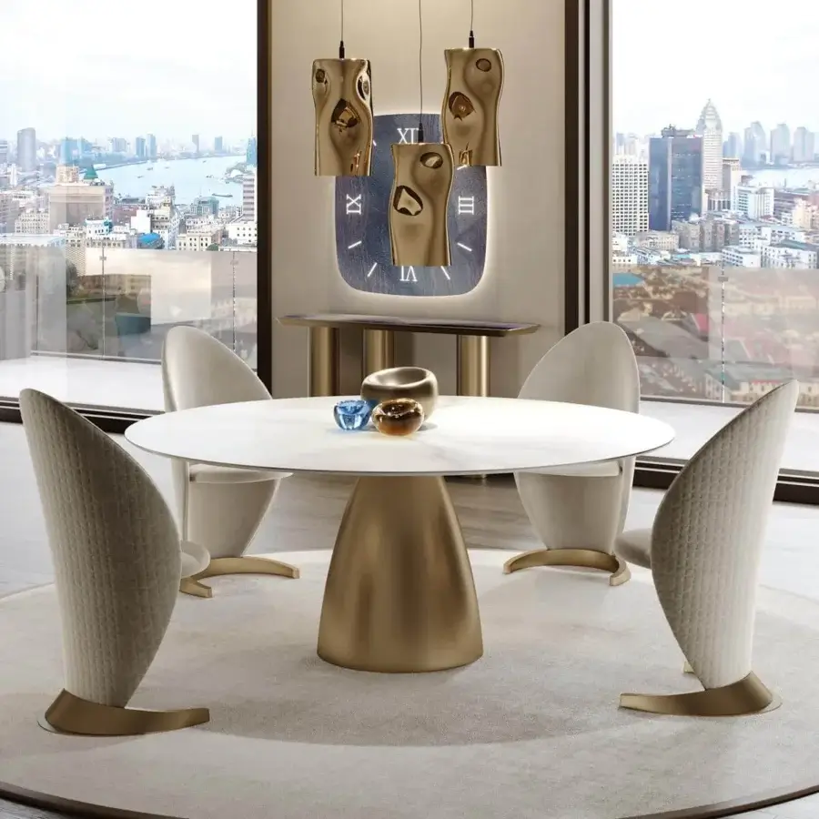 Superior Reflex Botero table with a metallic base and glossy golden finish crafted in Marble Glass with a smooth matte surface