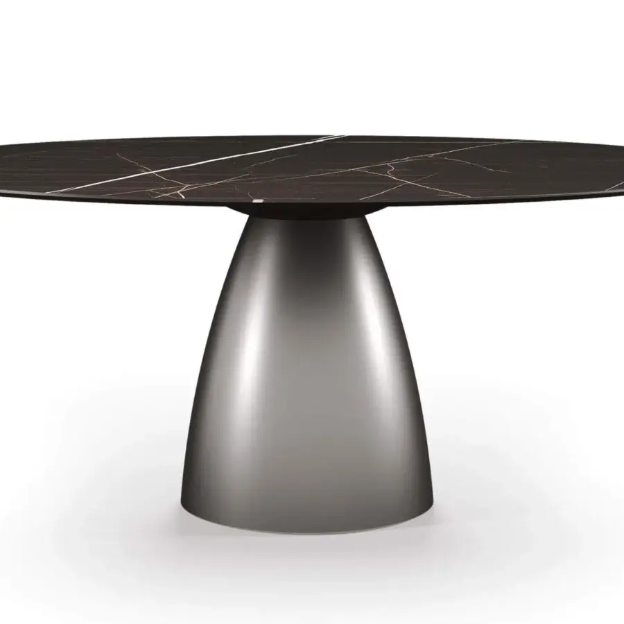 Distinctive Reflex Botero table with a Marble Glass top and sleek metallic base in a brushed gray finish