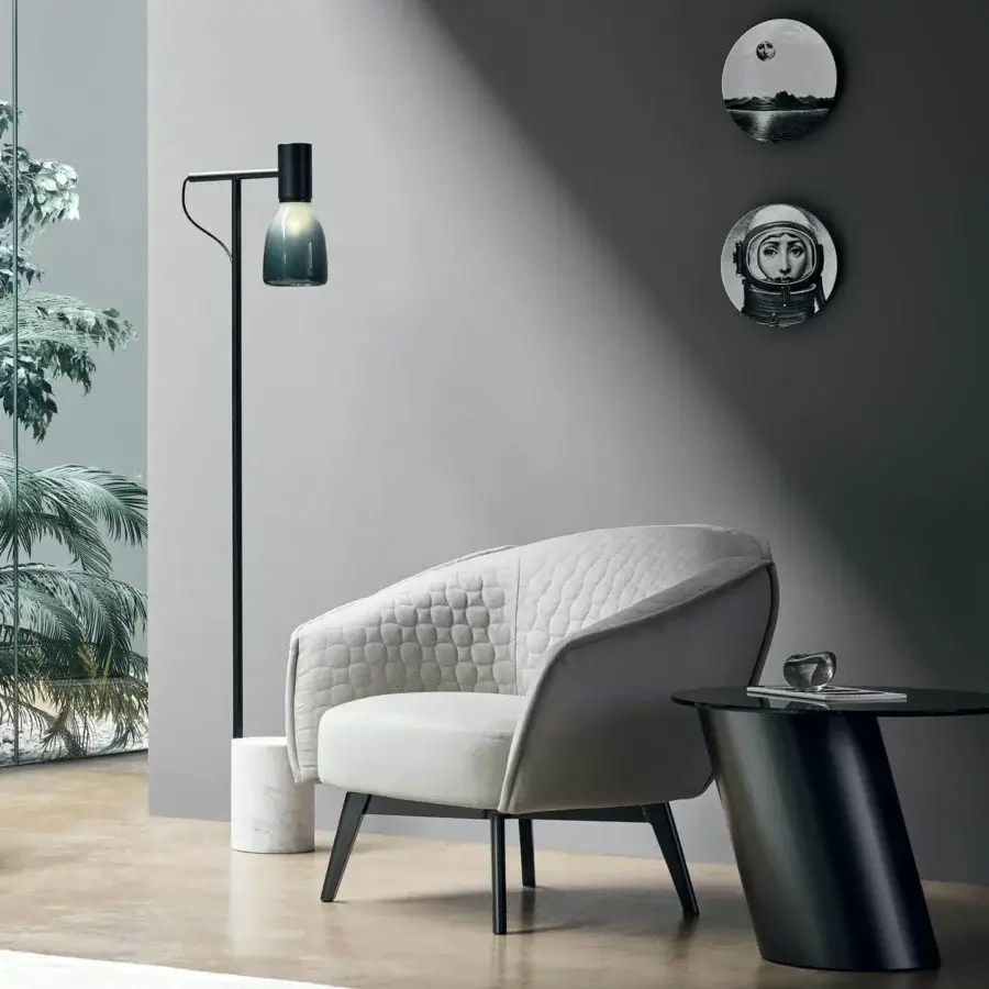 Refined Bonaldo Acquerelli floor lamp with gradient blown glass lampshade and white marble base crafted in black lead metal
