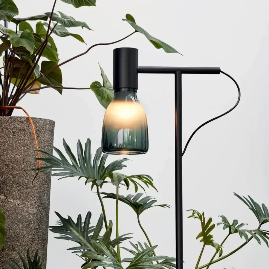 Exceptional Bonaldo Acquerelli floor lamp with smoky blue-green blown glass lampshade and matte black metal with cylindrical marble base