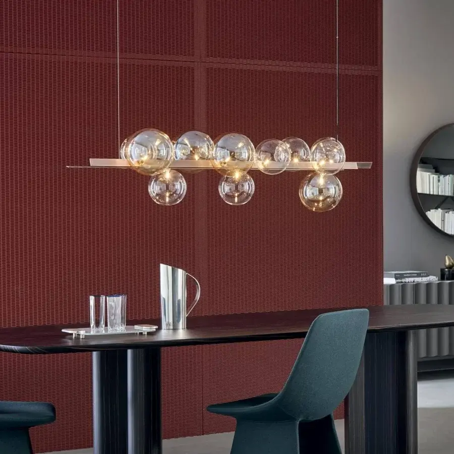 Distinguished Bonaldo Bon Ton suspension lamp with eleven luminous glass globes in amber and clear shades with matte metal finish