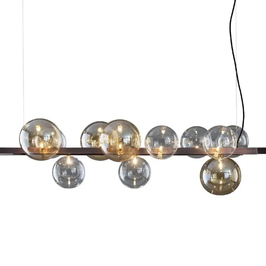 Distinguished Bonaldo Bon Ton suspension lamp with dark metal blades and amber transparent glass globes in a balanced arrangement