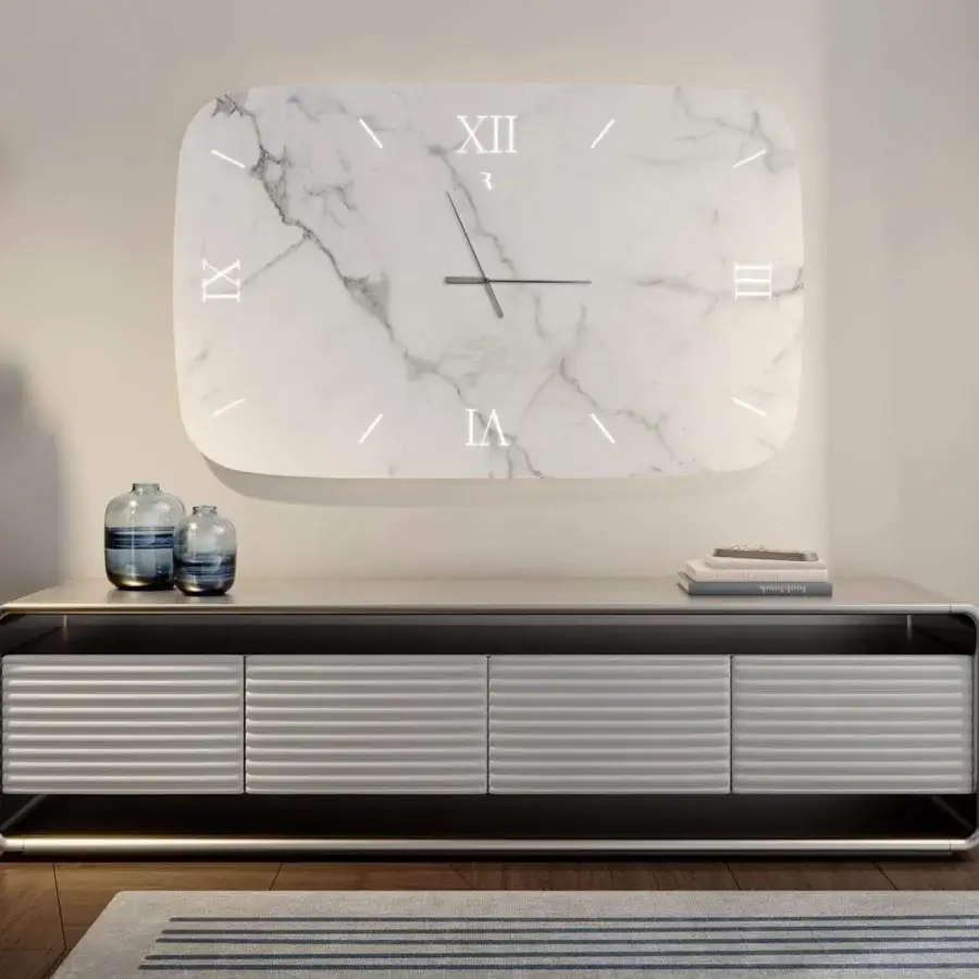 Exceptional Reflex Oh sideboard with shaped rounded wood, leather doors displaying quiltings, and satin metallic bronze finish