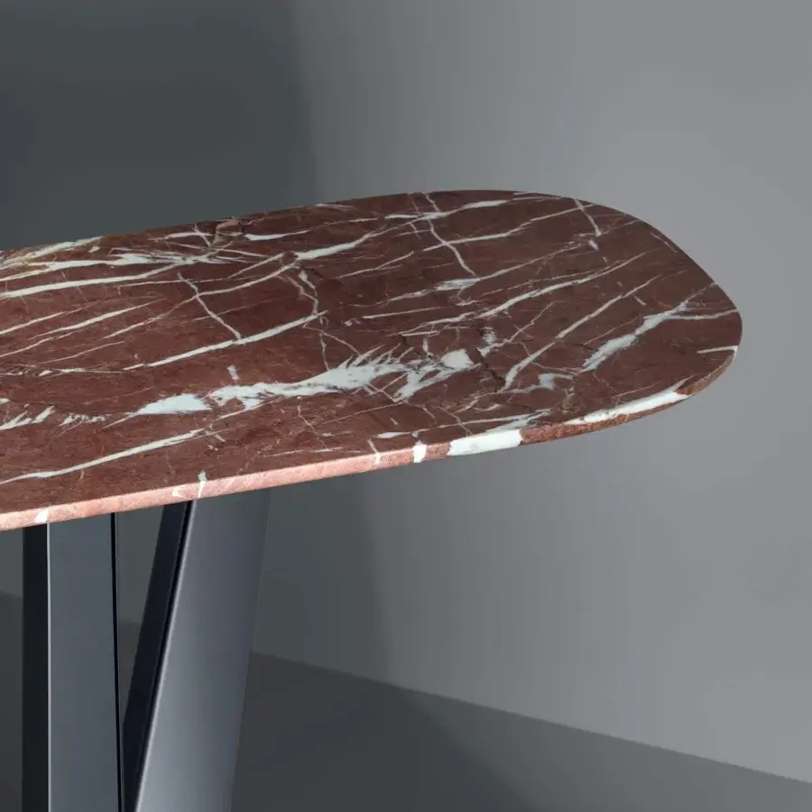 Distinguished Bonaldo Art console with a dark gray metal trapezium base and reddish-brown marble-like top exhibiting white veining
