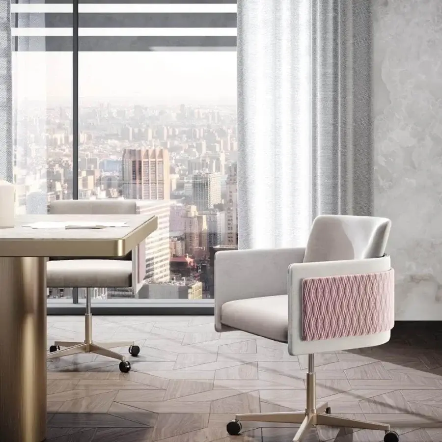 Sophisticated Reflex Amet armchair with light grey fabric upholstery and quilted pink panels on a height-adjustable metal base with wheels