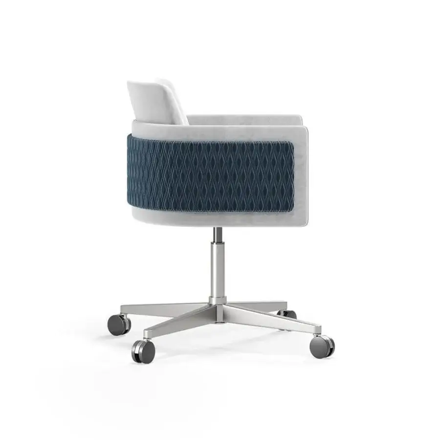 Exclusive Reflex Amet armchair with light gray textile upholstery and quilted navy blue band with metallic base