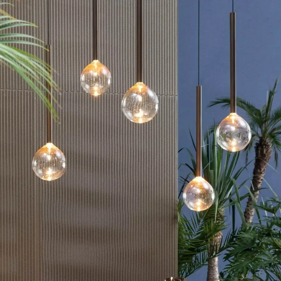 Exceptional Bonaldo Sofi suspension lamp with warm amber borosilicate glass and burnished brass cylinder crafted in Italy