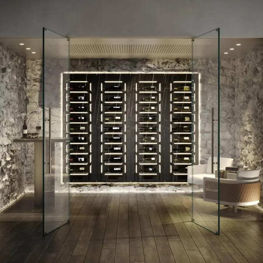 Sophisticated Reflex Aurora wine rack with wood glass wall panel and integrated LED back lighting in a dark finish