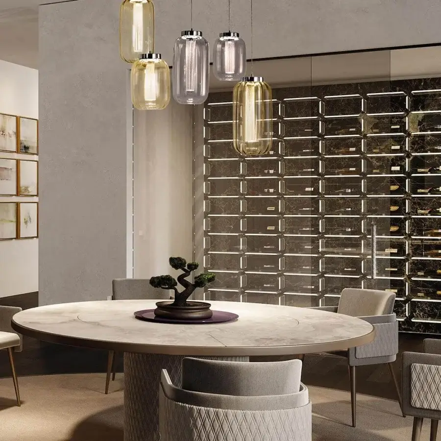 Elegant Reflex Aurora wine rack crafted with Marble Glass and a metal fixing frame, illuminated with integrated LED lighting and a glossy finish