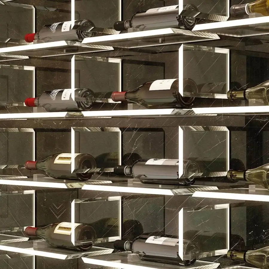 Distinguished Reflex Aurora wine rack built with Marble Glass and Wood Glass panels, illuminated with integrated LED back lighting