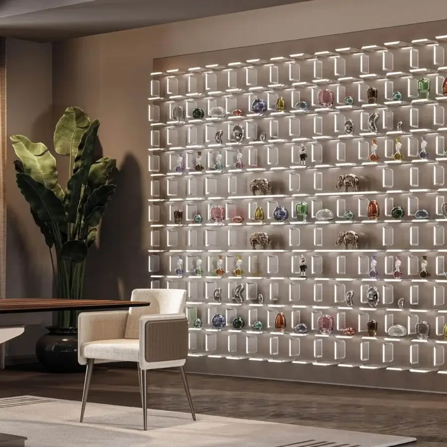 Distinguished Reflex Aurora shelf with illuminated transparent glass and Marble Glass wall panel crafted in Italy