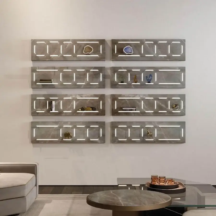 Superior Reflex Aurora shelf crafted in Marble Glass with smooth matte medium gray finish and illuminated display