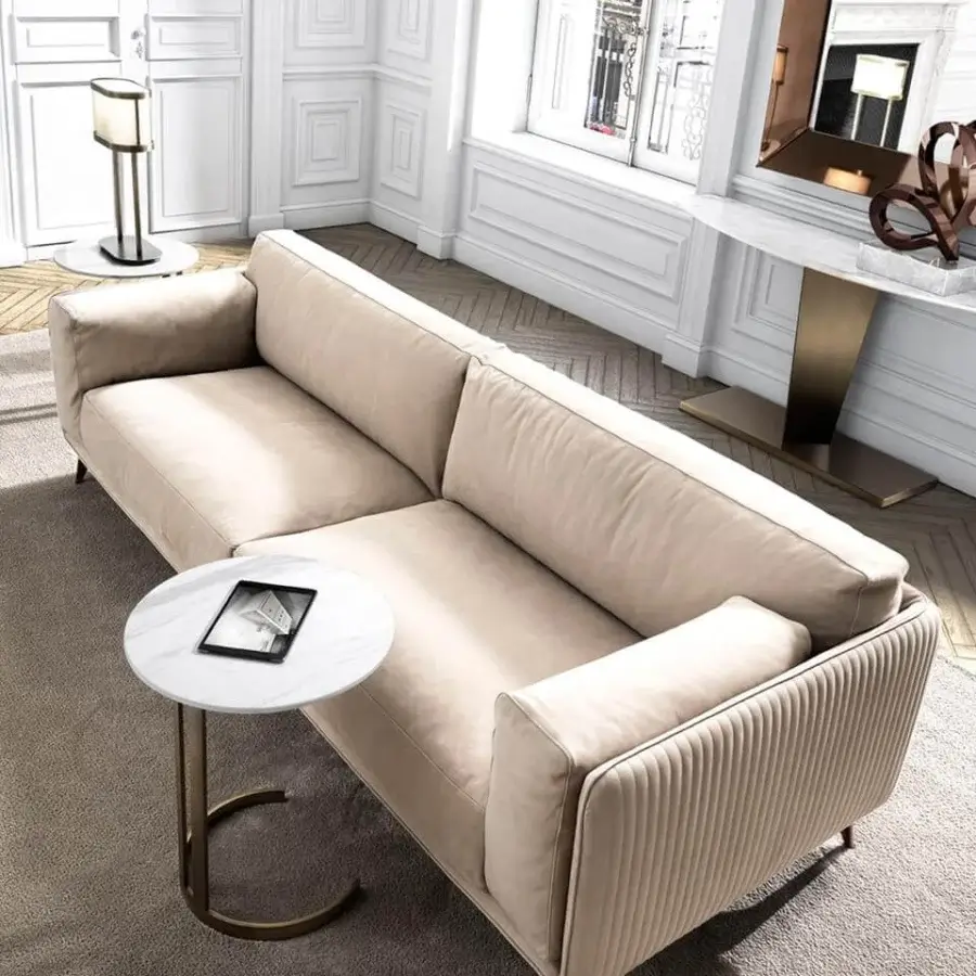 Distinguished DV Home Collection Hollywood side table with curved stainless steel base and light veined marble top in gold finish