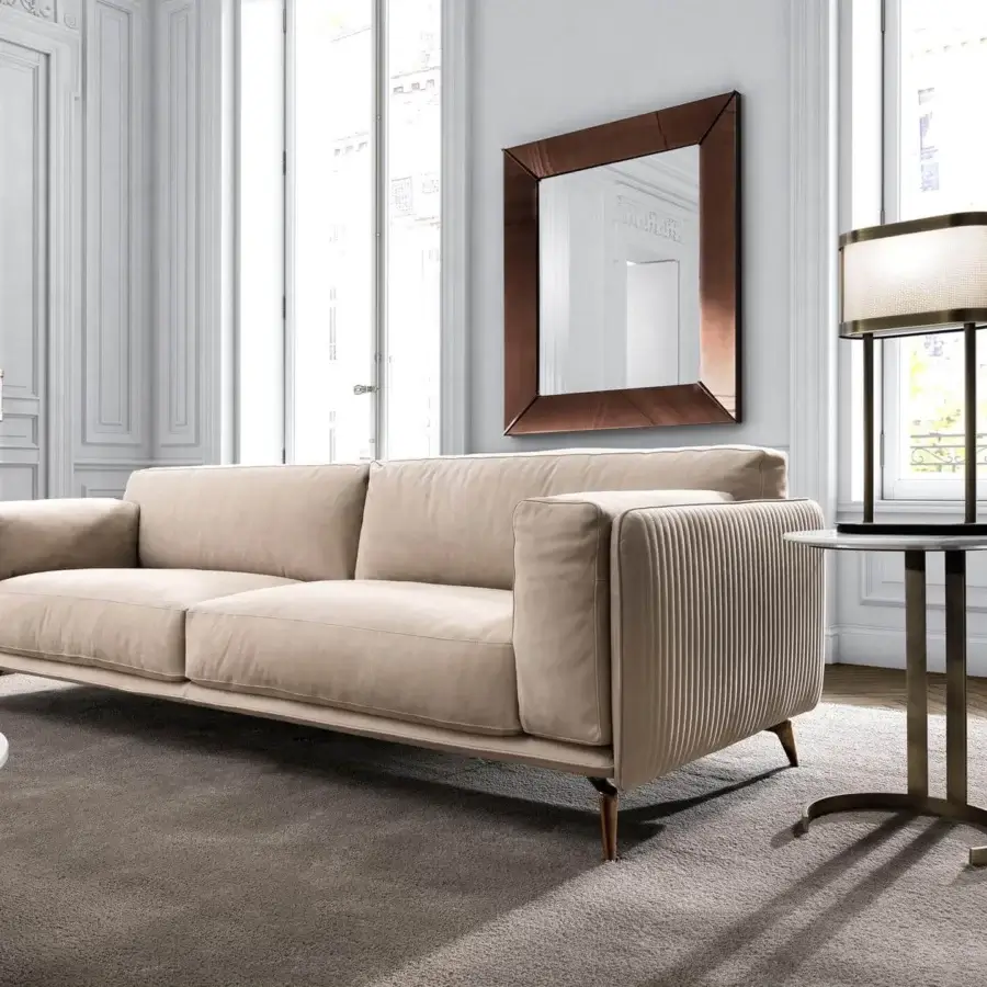 Elegant DV Home Collection Hollywood side table with white lacquered wood top and satin bronze-like stainless steel base