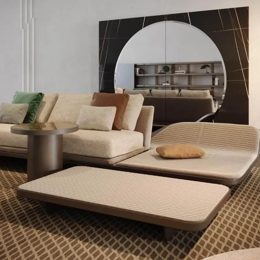 Exceptional Reflex Segno coffee table with round leather top and cylindrical metal support in a matte medium brown finish