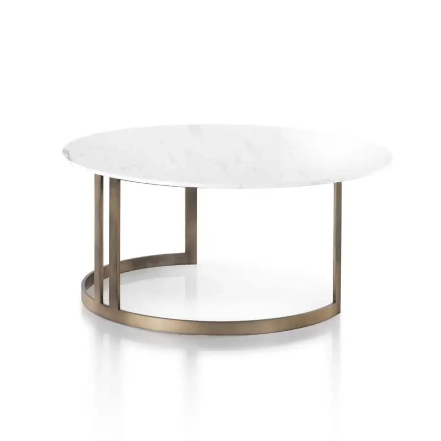 Distinguished DV Home Collection Hollywood coffee table with round white top and bronze-like stainless steel base
