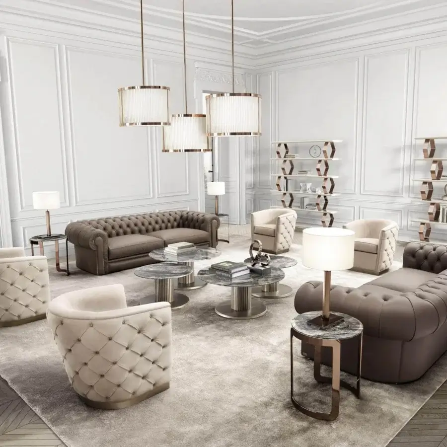 Superior DV Home Collection Vogue lounge chair with beige textile upholstery and sleek metallic base crafted in Italy with tufted backrest