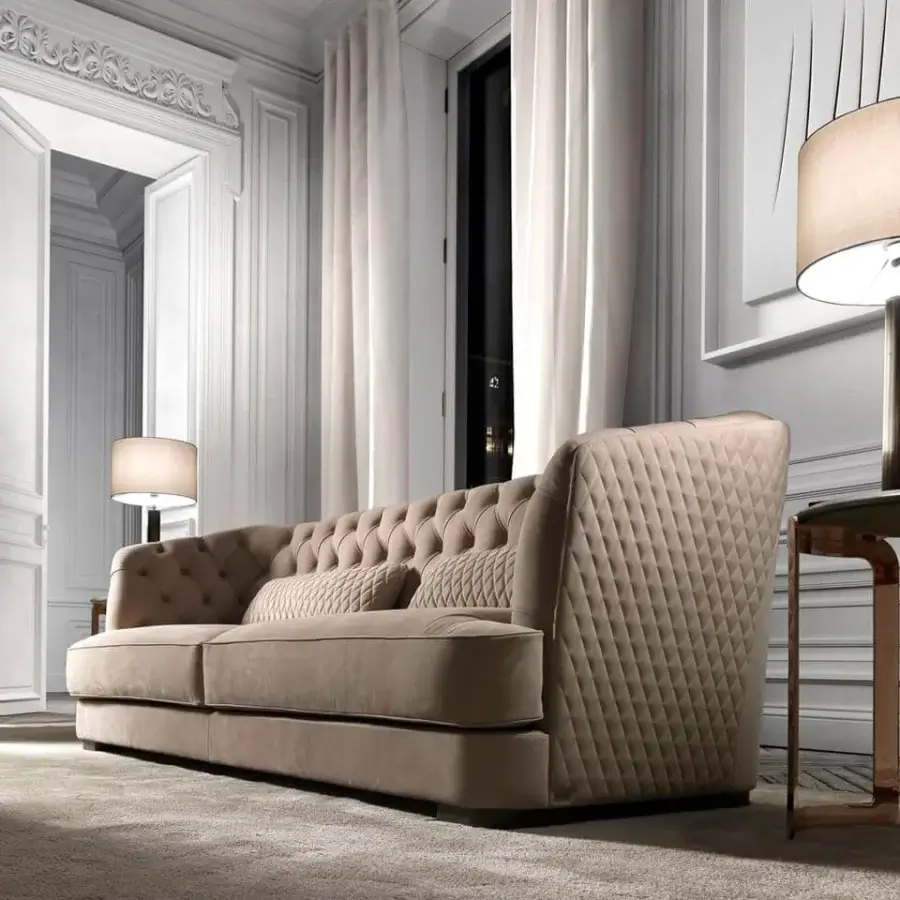 Exceptional DV Home Collection Vogue sofa with neutral beige textile upholstery and refined tufted finish