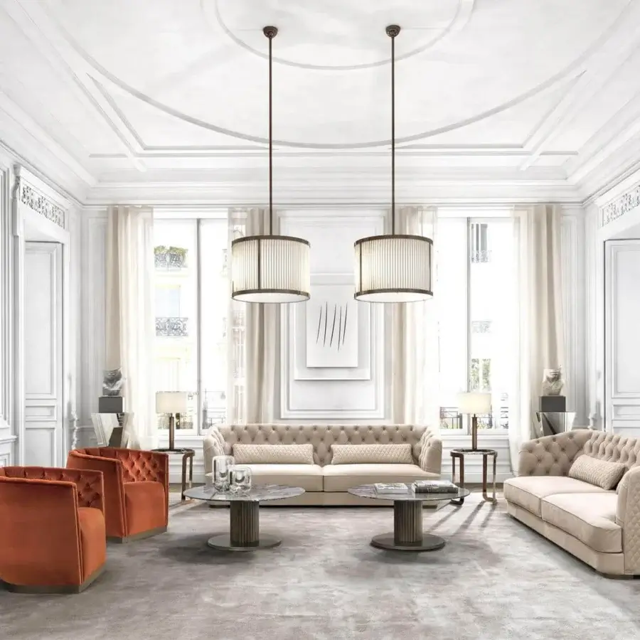 Elegant DV Home Collection Vogue sofa with tufted backrest and diamond-pattern quilted sides in light beige textile upholstery