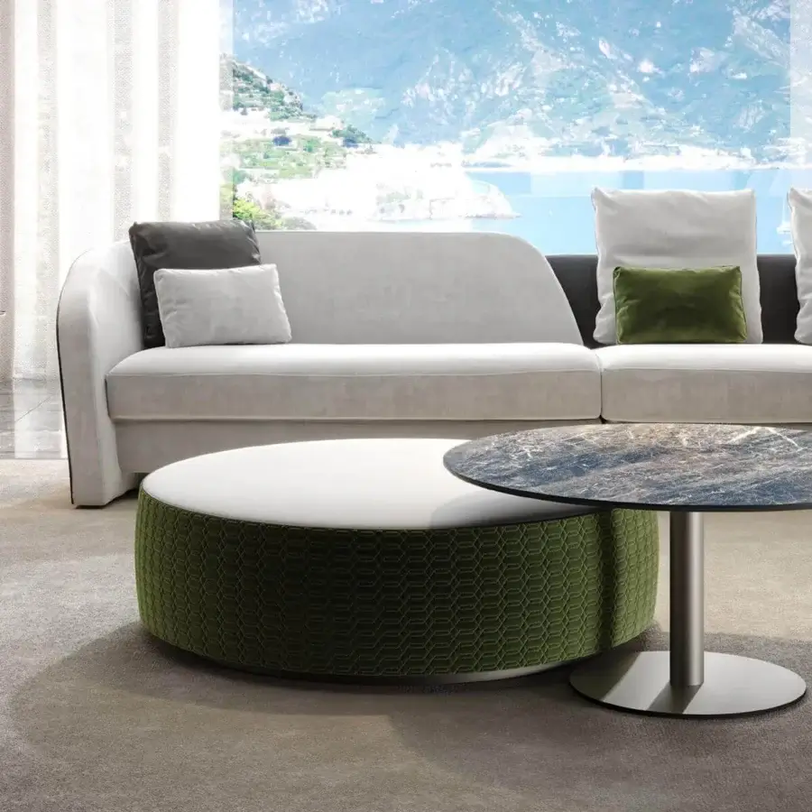 Elegant Reflex Rondo coffee table with dark marble-patterned Marble Glass top and sleek metal cylindrical base crafted in Italy