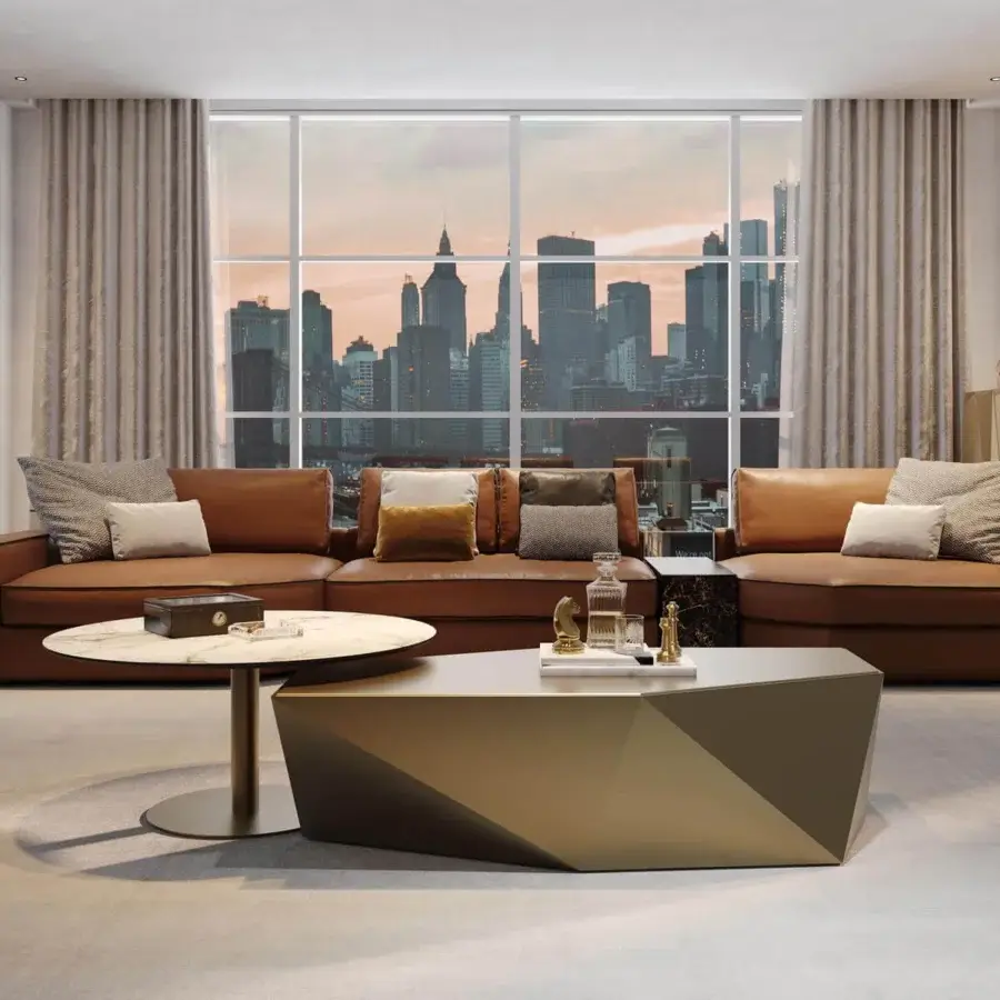 Distinctive Reflex Rondo coffee table crafted in Italy with a golden hue and irregularly shaped multifaceted planes