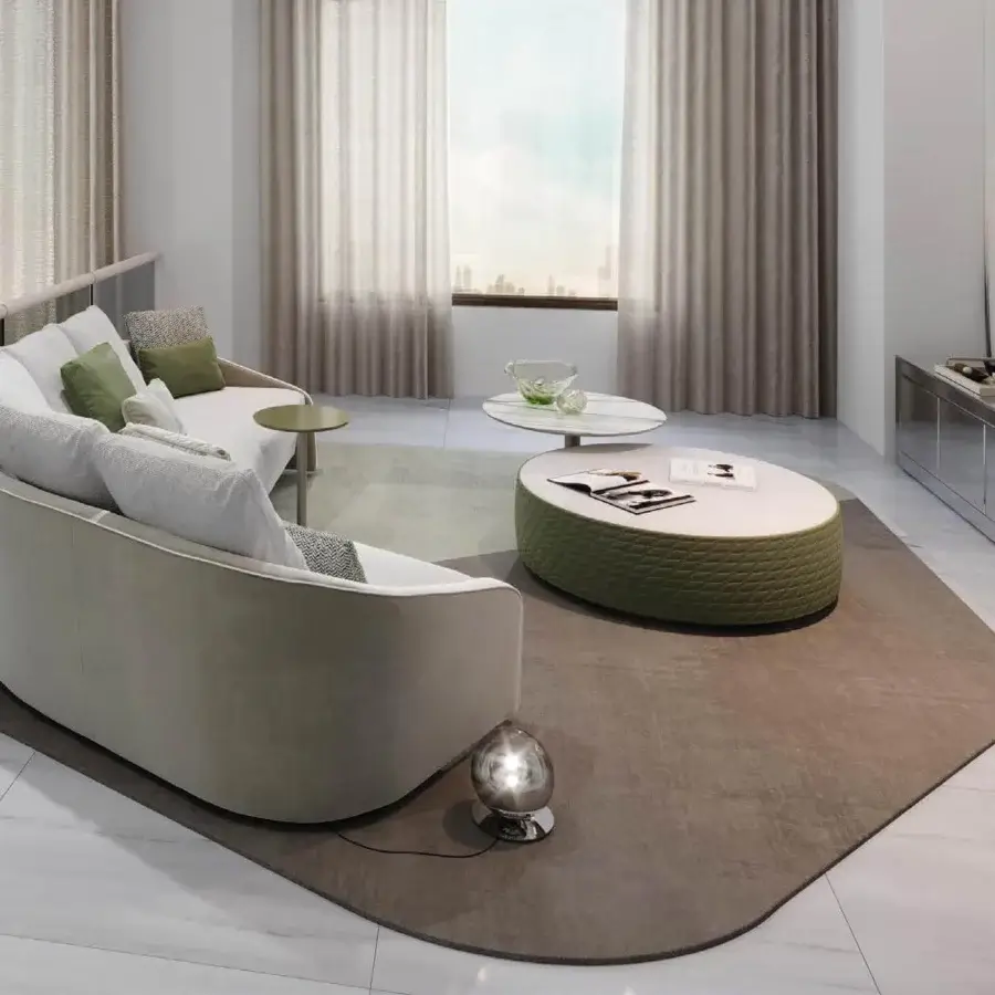 Distinctive Reflex Rondo coffee table with smooth white Marble Glass and quilted green lower tier crafted in Italy