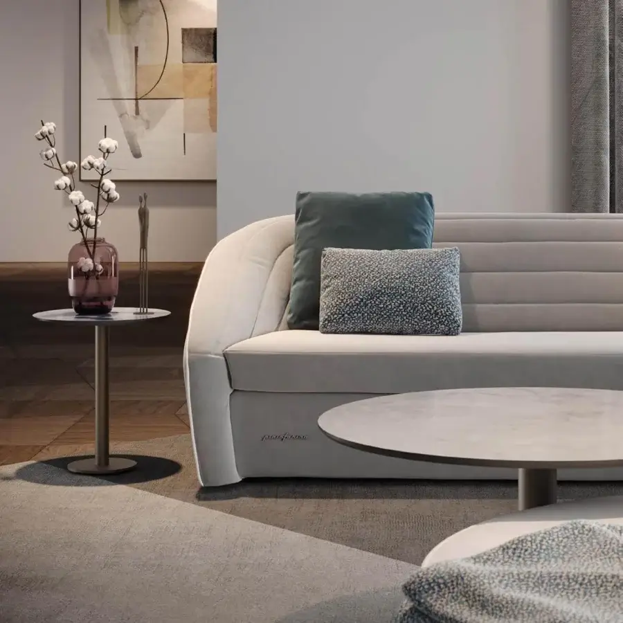 Distinguished Reflex Rondo coffee table with light gray Marble Glass top and coordinating metal base crafted with a smooth matte finish