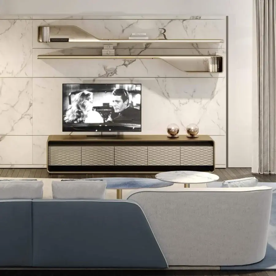 Lavish Reflex Rondo coffee table with round Marble Glass tabletop and lustrous golden metal cylindrical base