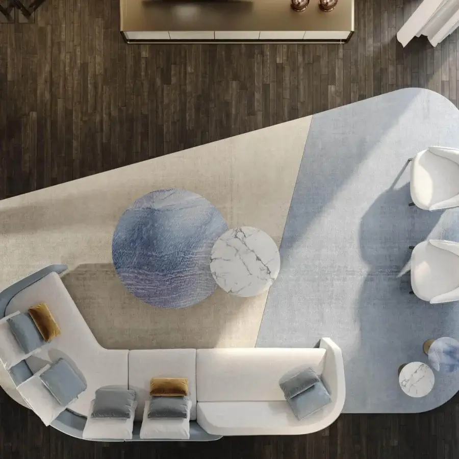 Elegant Reflex Rondo coffee table with captivating blue-toned Marble Glass top and sleek metal base crafted in Italy