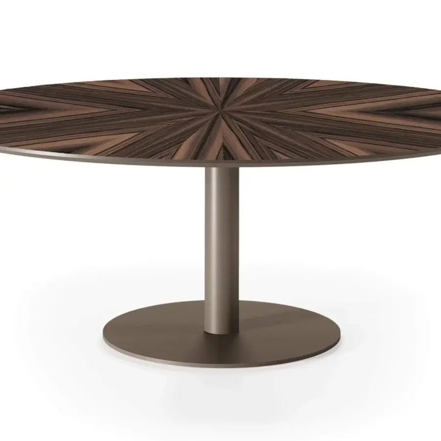 Distinguished Reflex Rondo coffee table with radial wood grain in dark and medium brown tones and dark brown metal pedestal base