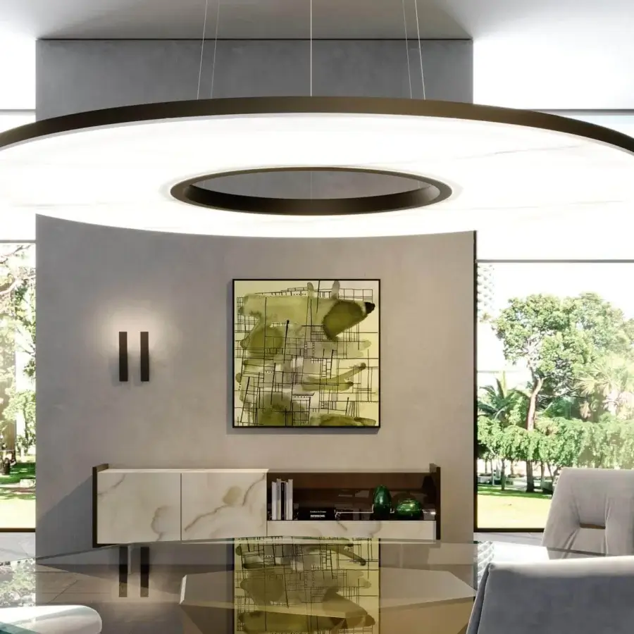 Exclusive Reflex Space Suspension lamp with Marble Glass diffuser and bronze metal frame showcasing clean lines