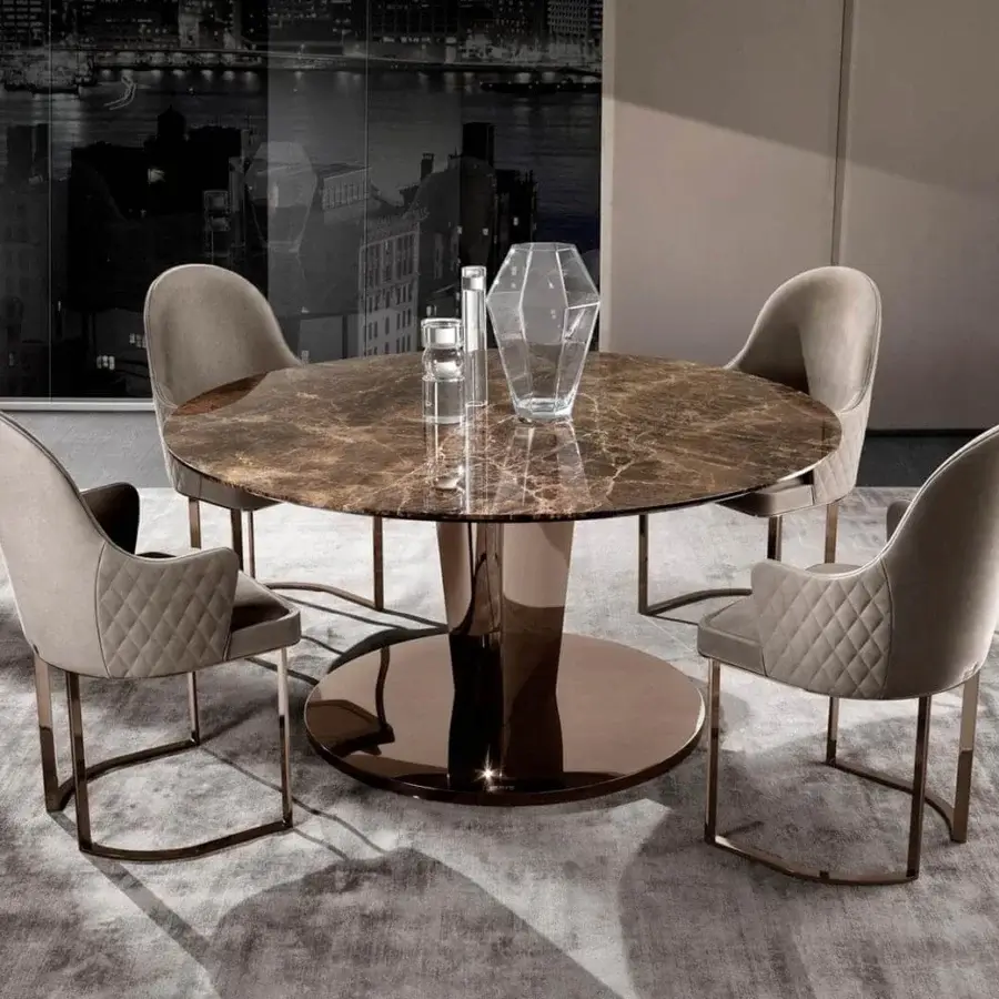 Exceptional DV Home Collection Deco armchair upholstered in soft taupe textile with glossy bronze steel base